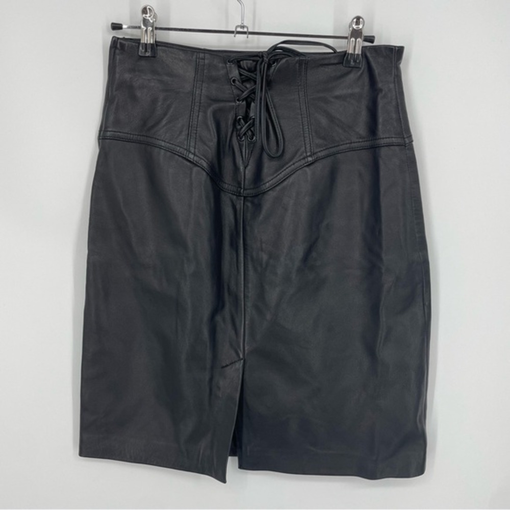 Express Straight Skirt Leather Knee Length Back corset Lace Up Black 3/4